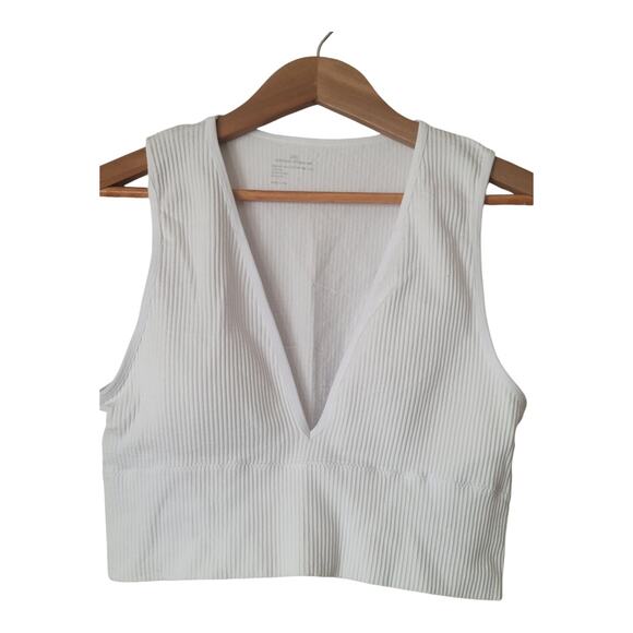Women's Stretch White Tank Seamless Ribbed Crop Top Deep V-Neck Chest Size 30" - Picture 3 of 10